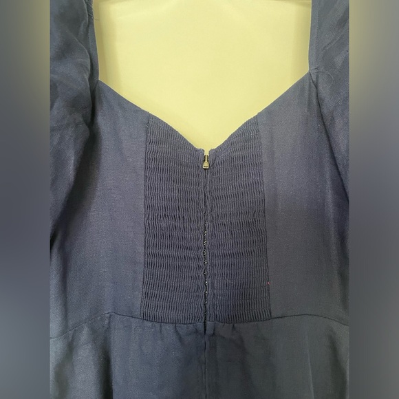 Reformation Belgium Linen Midi Dress in Danube Navy Puff Sleeve Fit Flare Size 4 - Picture 8 of 10